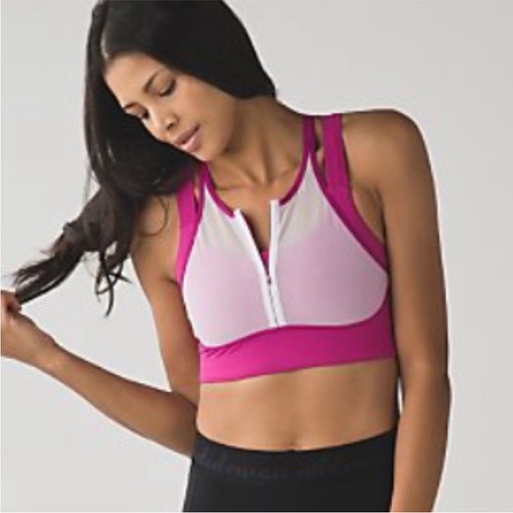 Lululemon raspberry/white high neck zip ready set sweat bra extremely rare 2016 - Picture 3 of 5